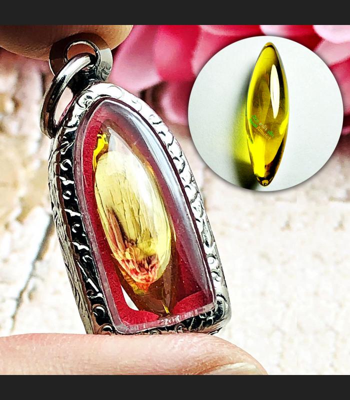Crystal Healing Stone Energy Naga Eye Leklai Claw Yellow Quartz Thai Amulet 0144