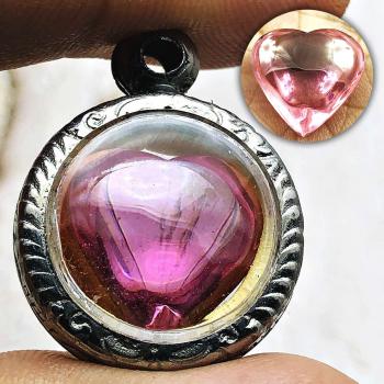 Leklai Naga Eye Pendant Stone Heart Love Charm Lucky Pink Rose Thai Amulet #0145