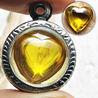 Leklai Naga Eye Lucky Stone Heart Money Gambling Crystal Yellow Thai Amulet 0160