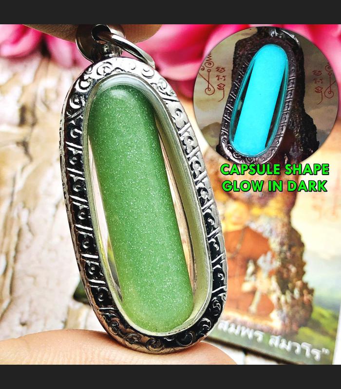 Leklai Capsule Glow In Dark Healing Fortune Green Lp Somporn Thai Amulet #0180