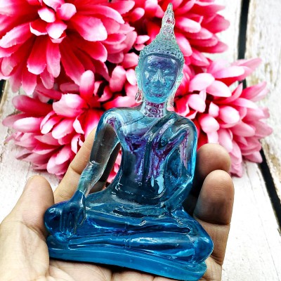 Sit Buddha Statue Colored Peaceful Smiling Deity Blue Decor Art Thai Amulet 0184