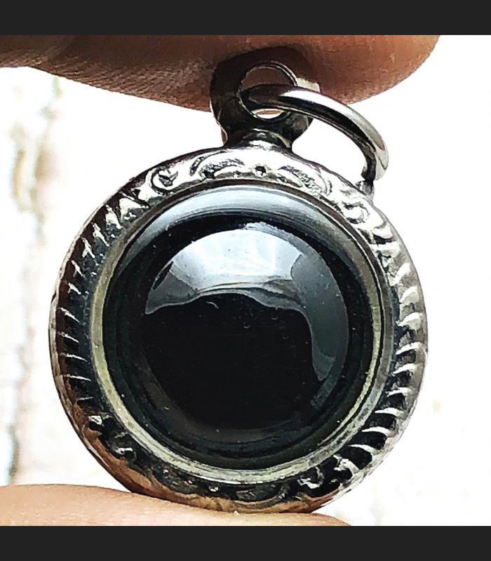 LEKLAI NAGA EYE CRYSTAL GEMS HEALING STONE LUCKY THAI AMULET BUTTON BLACK ROUND