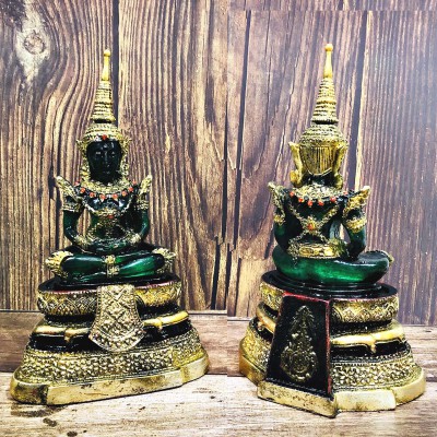 THAI ART EMERALD BUDDHA STATUE MEDITATION AMULET GREEN OLD GEM GOLD ARMOR 27CM