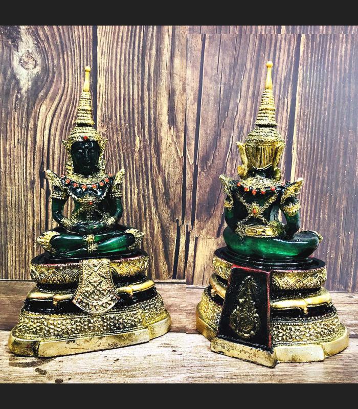 THAI ART EMERALD BUDDHA STATUE MEDITATION AMULET GREEN OLD GEM GOLD ARMOR 27CM