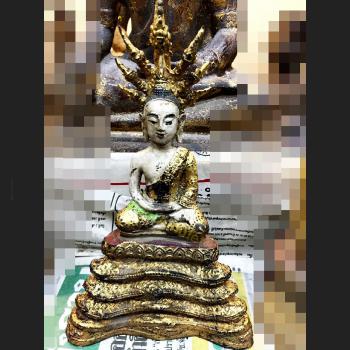 VINTAGE BRONZE BUDDHA STATUE FIGURINE SEATED NAGA COBRA COILED COLORED GOLD