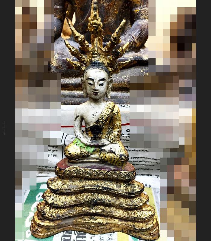 VINTAGE BRONZE BUDDHA STATUE FIGURINE SEATED NAGA COBRA COILED COLORED GOLD