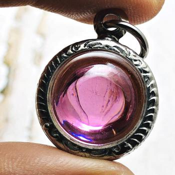 Natural Crystal Gems Stone Naga Eye Leklai Love Luck Pink Round Thai Amulet 1414