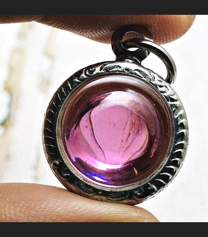 Natural Crystal Gems Stone Naga Eye Leklai Love Luck Pink Round Thai Amulet 1414