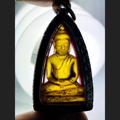 Leklai Naga Eye Healing Stone Buddha Yellow Lucky Gambling Win Thai Amulet #1822