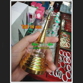 STUPA BUDDHA RELIC AMULET CASE EMPTY BOX CLEAR ACRYLIC 2 OPEN GOLD FOIL COVER 14CM 7389