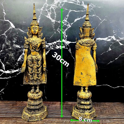 Ancient Bronze Buddha Stand Statue King Armor Open Earth 19th Rattanakosin #9022