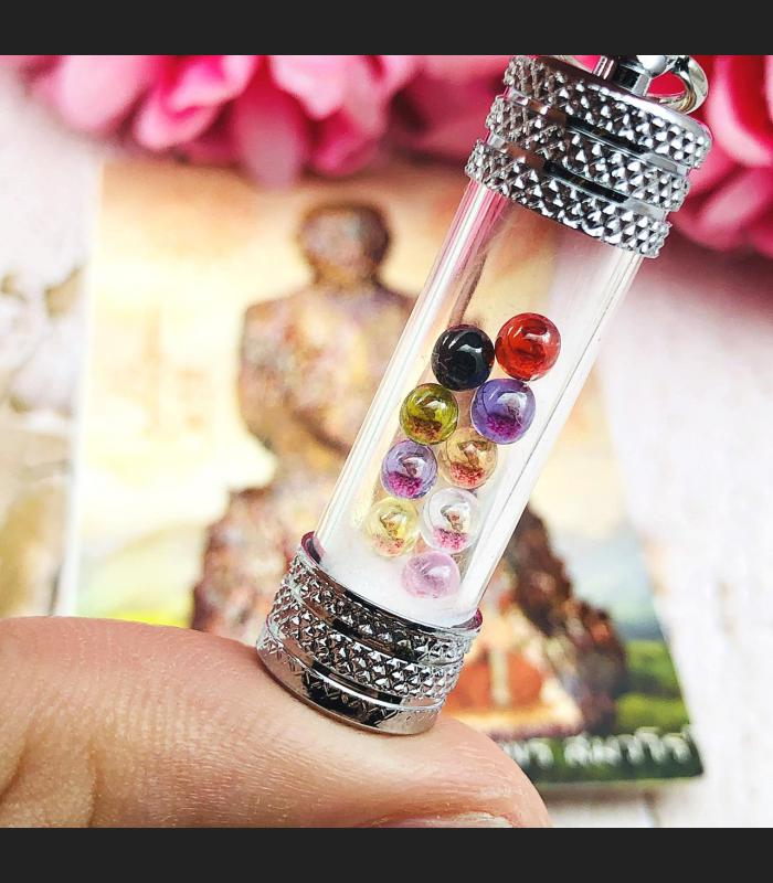 Leklai Naga Eye Takrut Crystal 9pcs Color Magic Lucky Immortal Thai Amulet #9485