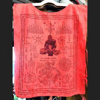 FABRIC FLAG THAI AMULET MAGIC HOLY CLOTH ANCIENT WARRIOR SUIT SHIRT LP KLAN RED