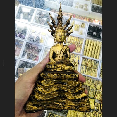 ANCIENT BUDDHA MEDITATION BRONZE STATUE GOLD NAGA 7 HEAD COILED SNAKE BASE