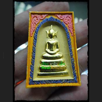 HAND PAINT THAI REAL AMULET SOMDEJ 108 MONK MASS BLESSED WAT NOK 3ROW SEAT GOLD PAINT YELLOW