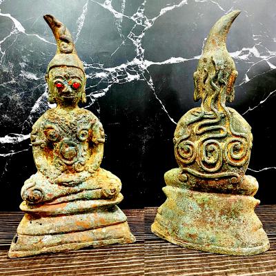 Old Green Bronze Statue Ngung Ngan Khmer Miniature Feng Shui Thai Amulet #6519