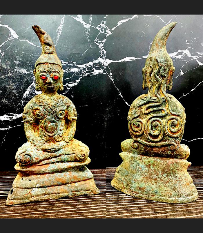 Old Green Bronze Statue Ngung Ngan Khmer Miniature Feng Shui Thai Amulet #6519