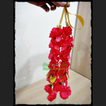 HANDMADE PLASTIC FLOWER RIBBON GARLAND FESTOON WORSHIP OFFERING THAI AMULET RED PINK
