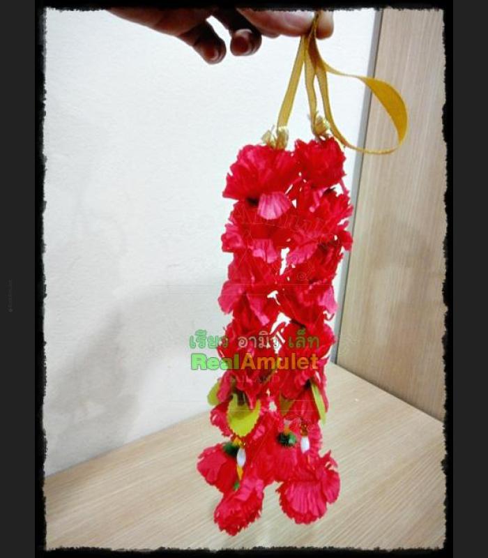 HANDMADE PLASTIC FLOWER RIBBON GARLAND FESTOON WORSHIP OFFERING THAI AMULET RED PINK