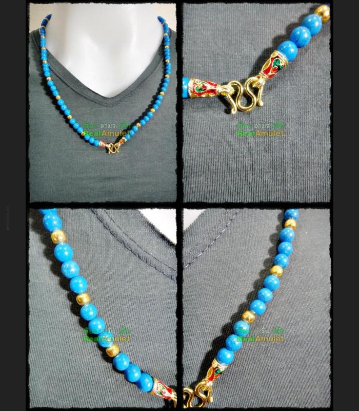 HANDMADE NECKLACE BEAD HANDICRAFT W-HOOK FOR WEARING THAI AMULET BLUE STONE