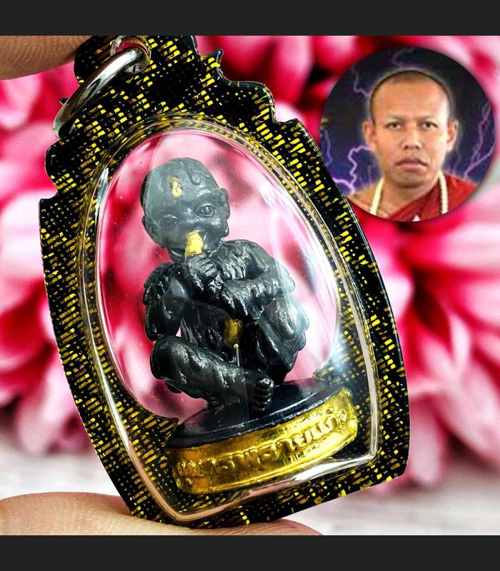 MINIATURE BRONZE GUMAN THEP BOY SPIRIT THAI AMULET LP NEN BLACK PLAI-KAEW EAT FETUS BE2556