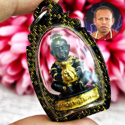 MINIATURE BRONZE GUMAN THEP BOY SPIRIT THAI AMULET LP NEN BLACK KERD-ZUB CARRY TREASURE BAG BE2556