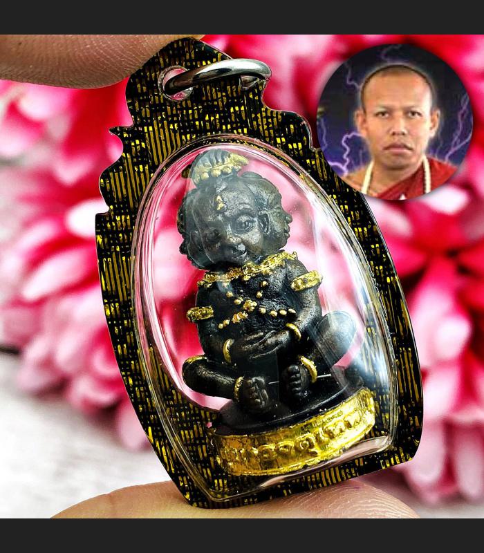 MINIATURE BRONZE GUMAN THEP BOY SPIRIT THAI AMULET LP NEN BLACK 4 FOUR FACE BE2556