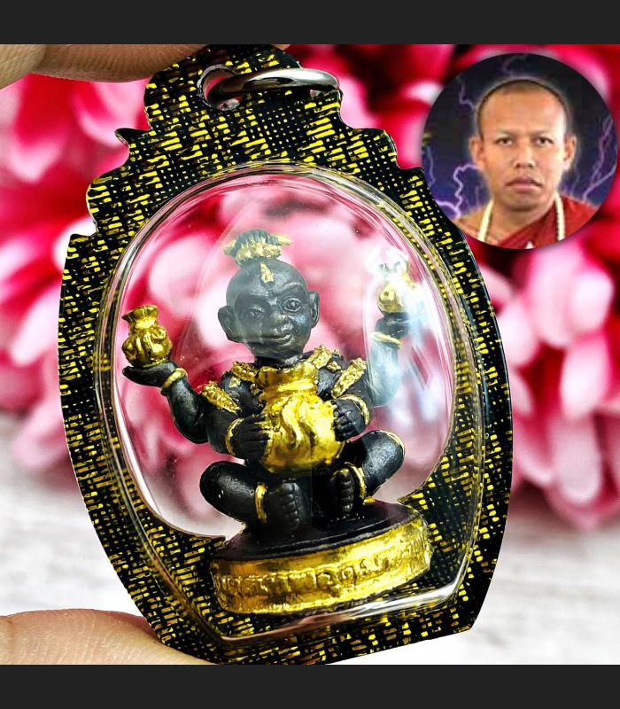 MINIATURE BRONZE GUMAN THEP BOY SPIRIT THAI AMULET LP NEN BLACK UDOM-ZUB FOUR 4 HANDS BE2556