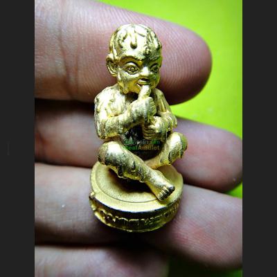 MINIATURE BRONZE GUMAN THEP BOY SPIRIT THAI AMULET LP NEN 18K GOLD PLAI-KAEW EAT FETUS BE2556