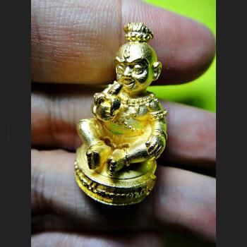 MINIATURE BRONZE GUMAN THEP BOY SPIRIT THAI AMULET LP NEN 18K GOLD SANG-PHET EAT BANANA BE2556