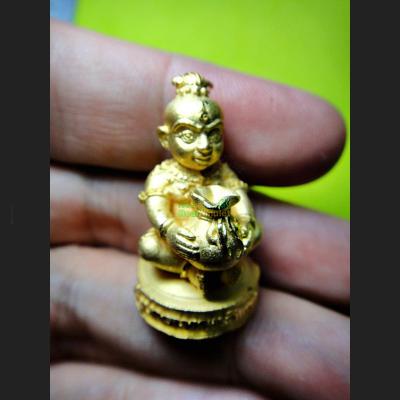 MINIATURE BRONZE GUMAN THEP BOY SPIRIT THAI AMULET LP NEN 18K GOLD KERD-ZUB CARRY TREASURE BAG BE2556