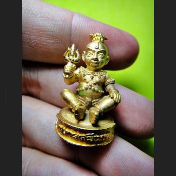 MINIATURE BRONZE GUMAN THEP BOY SPIRIT THAI AMULET LP NEN 18K GOLD TRI-THEP ARMED BE2556