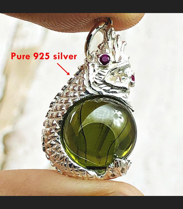NAGA EYE LEKLAI KAEW THAI AMULET HEALING CRYSTAL PENDANT SILVER 925 GREEN BALL SHAPE