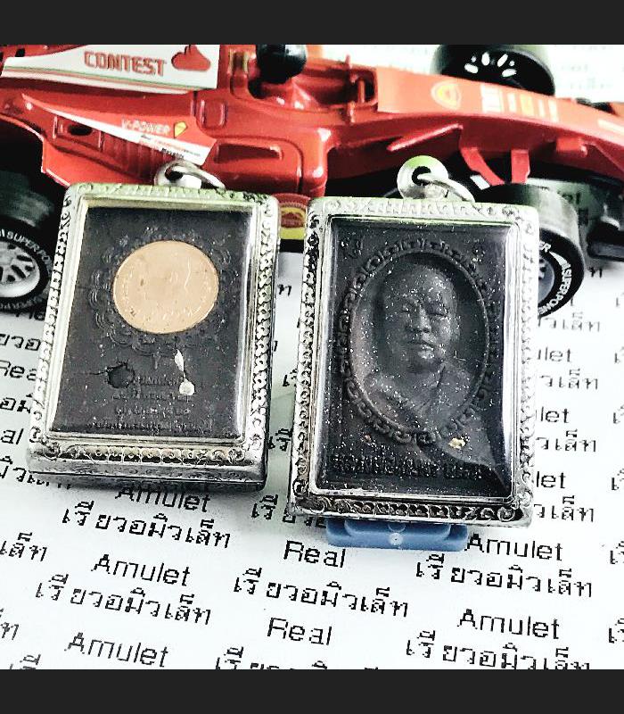 Somdej 3in1 Leklai Protection Luck Immortal Coin Somporn Black Thai Amulet 15280