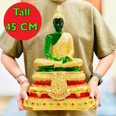 Large Rainy Armor Emerald Buddha Statue Meditation Green Gold Thai Amulet #15383