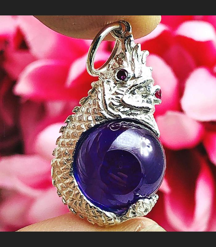 Pure Silver Naga Eye Leklai Dragon Healing Crystal Ball Purple Thai Amulet 15388