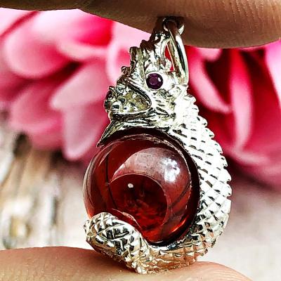 Naga Eye Red Leklai Ball Healing Crystal Pure Silver Pendant Thai Amulet #15389
