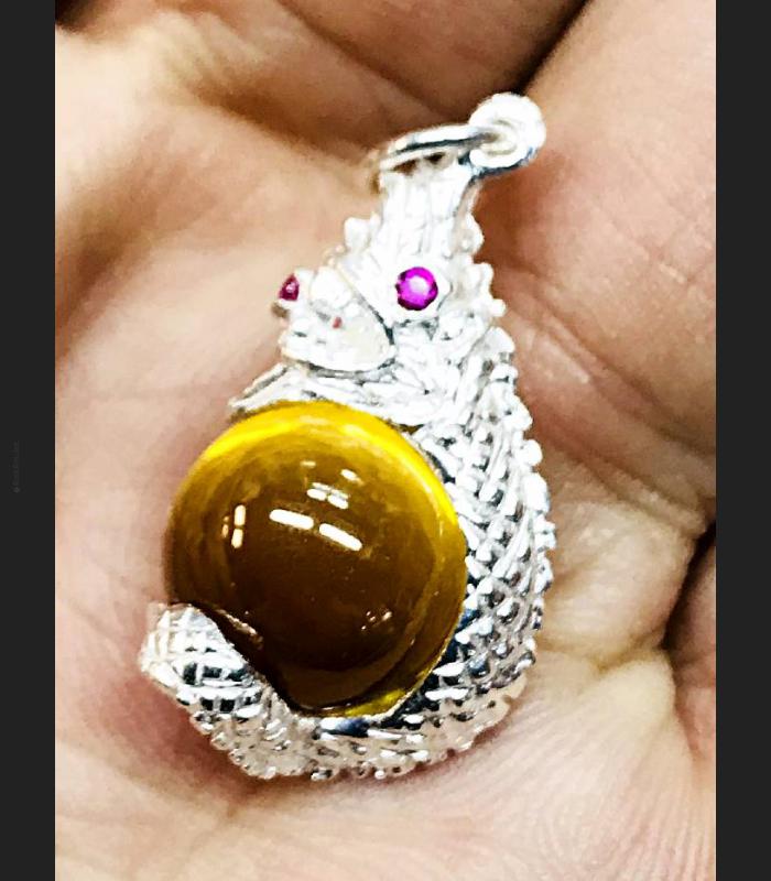 Silver Pendant Naga Eye Leklai Lucky Crystal Magic Ball Yellow Thai Amulet 15390