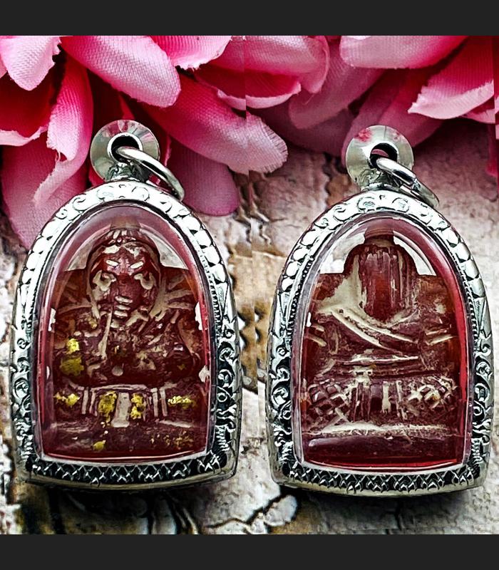 Leklai Naga Eye Ganesha Elephant Stone Luck Red Ancient KruHod Thai Amulet 15421