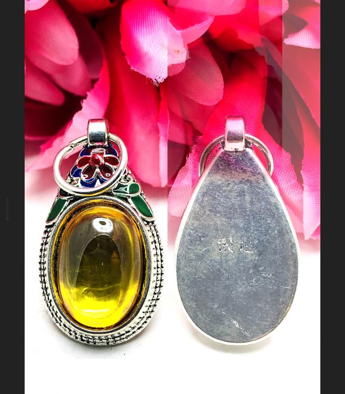 Gambling S/S Pendant Leklai Naga Eye Lucky Stone Magic Yellow Thai Amulet #15679