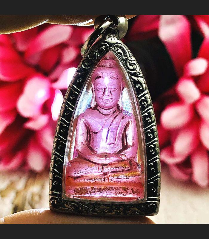 VINTAGE HAND CARVE LEKLAI NAGA EYE GEMS STONE BUDDHA THAI AMULET ROSE PINK