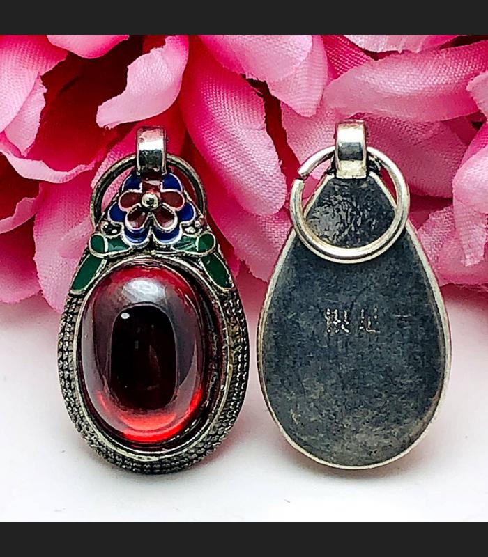 Protection S/S Pendant Leklai Naga Eye Lucky Stone Magic Red Thai Amulet #15859
