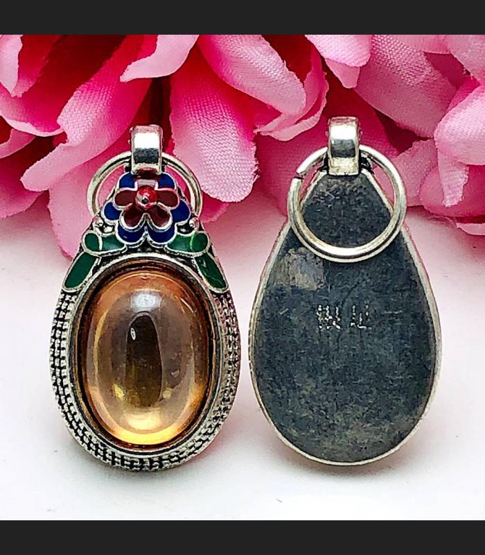 Wealth S/S Pendant Leklai Naga Eye Lucky Stone Magic Orange Thai Amulet #15860
