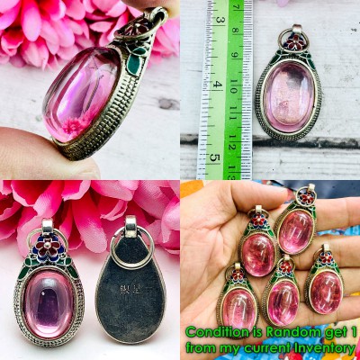 Charm S/S Pendant Leklai Naga Eye Lucky Stone Magic Love Pink Thai Amulet #15861