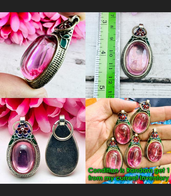 Charm S/S Pendant Leklai Naga Eye Lucky Stone Magic Love Pink Thai Amulet #15861