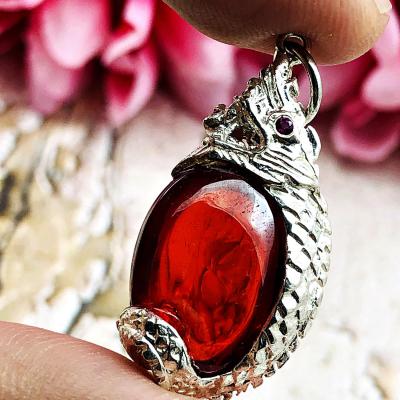 Pure Silver Pendant Naga Eye Leklai Magic Dragon Egg Lucky Red Thai Amulet 15876