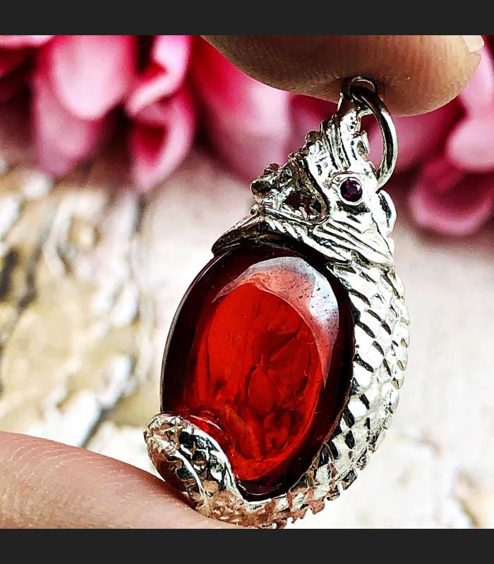 Pure Silver Pendant Naga Eye Leklai Magic Dragon Egg Lucky Red Thai Amulet 15876