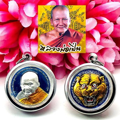 Enamel Medal Tiger Face Protect Guardian Lp Pern Be2541 Blue Thai Amulet #15914