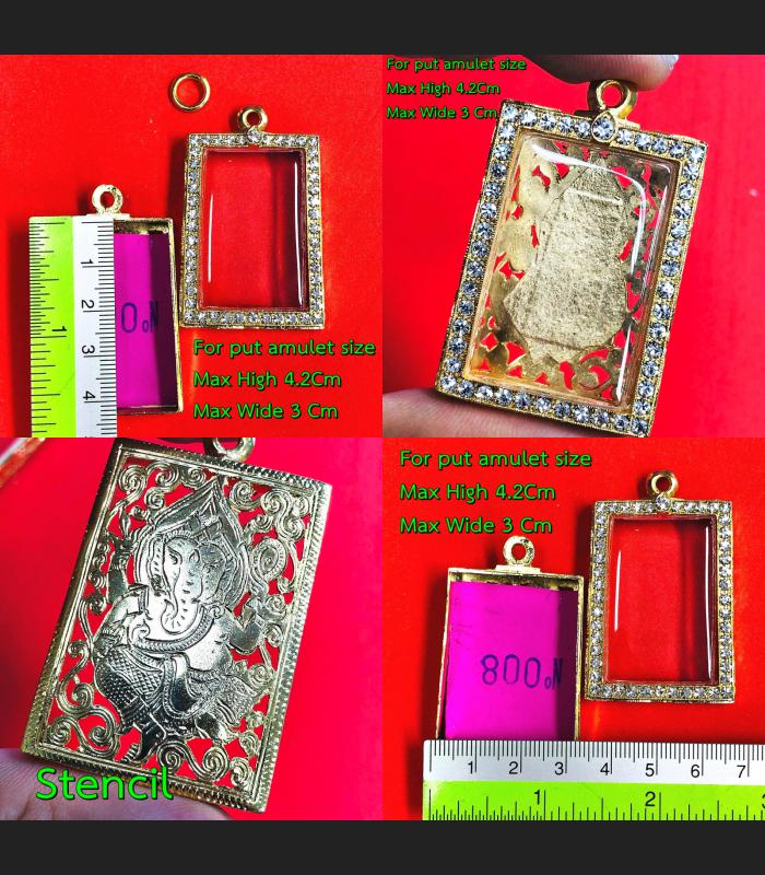 Empty Stencil Gold Micron Frame Case Diamond Square Somdej 4cm Thai Amulet 16129
