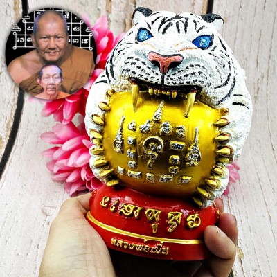 Large Bronze Statue White Tiger Ball Pern Watbangpha Be2553 Thai Amulet #16131
